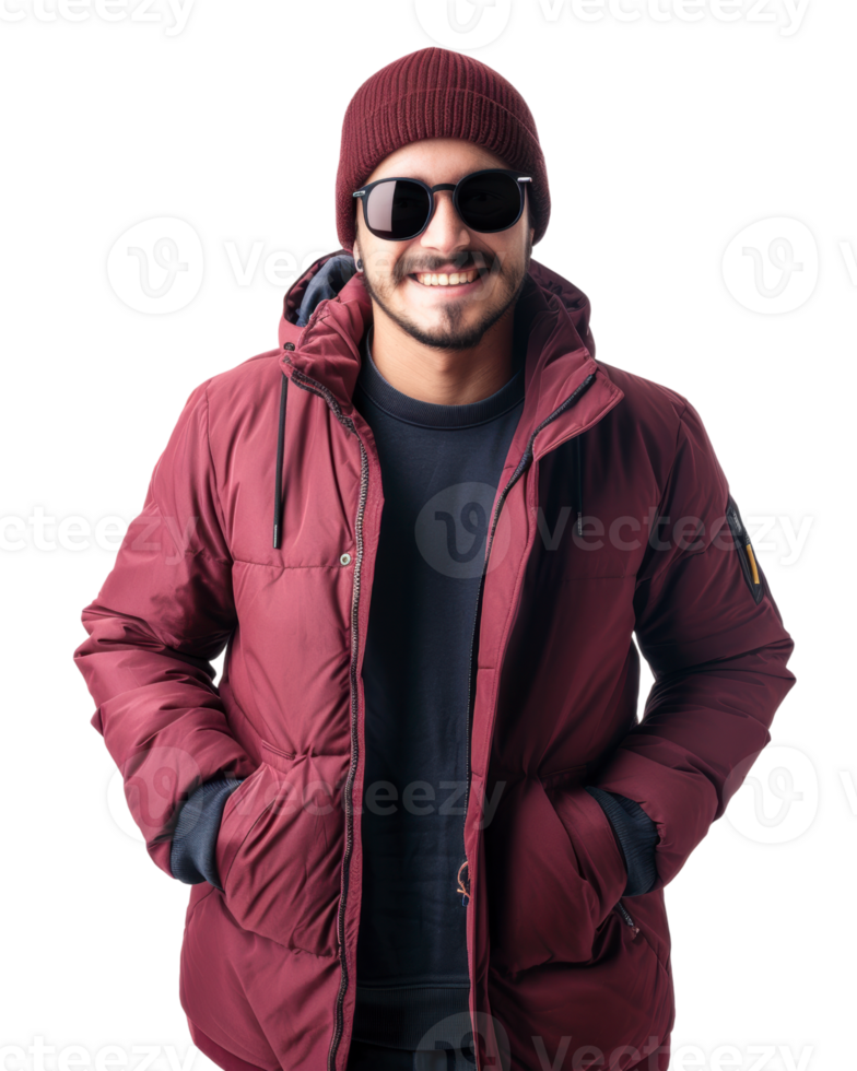 Man in red winter jacket with sunglasses isolated on transparent background png