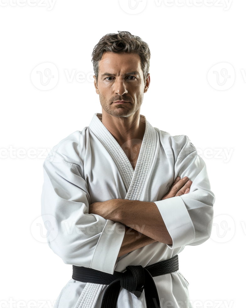 Confident karate fighter in white gi with black belt isolated on transparent background png