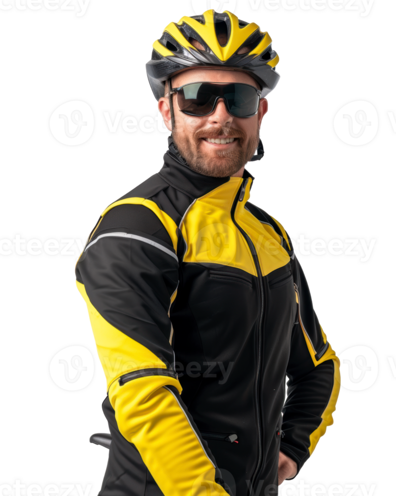 Smiling Cyclist in Yellow and Black Cycling Gear isolated on transparent background png