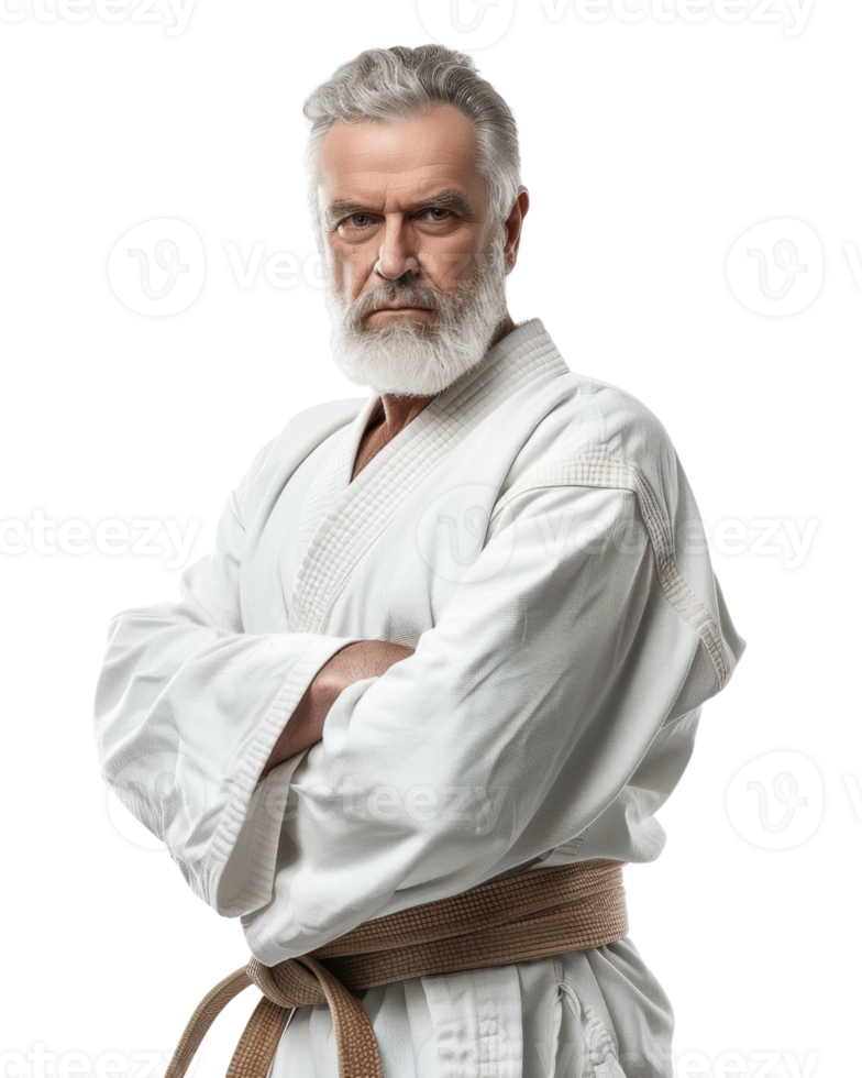 Senior Man in White Karate Gi with Brown Belt isolated on transparent background png