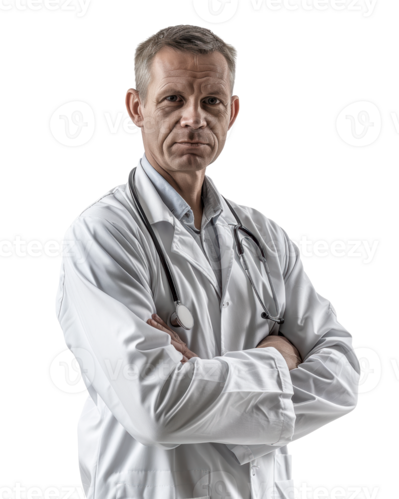 Confident doctor in white coat with stethoscope isolated on transparent background png