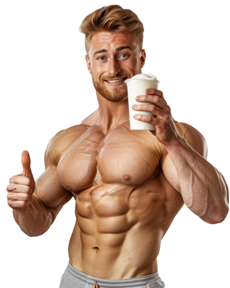 Muscular man thumbs up with protein drink isolated on transparent background png
