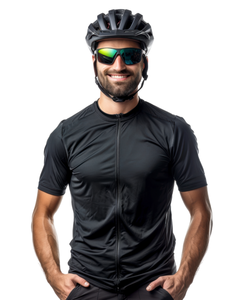 smiling cyclist in a black cycling jersey and helmet. isolated on transparent background png