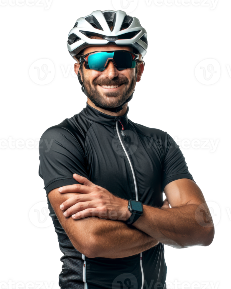 Smiling Cyclist Wearing a Helmet and Sunglasses isolated on transparent background png