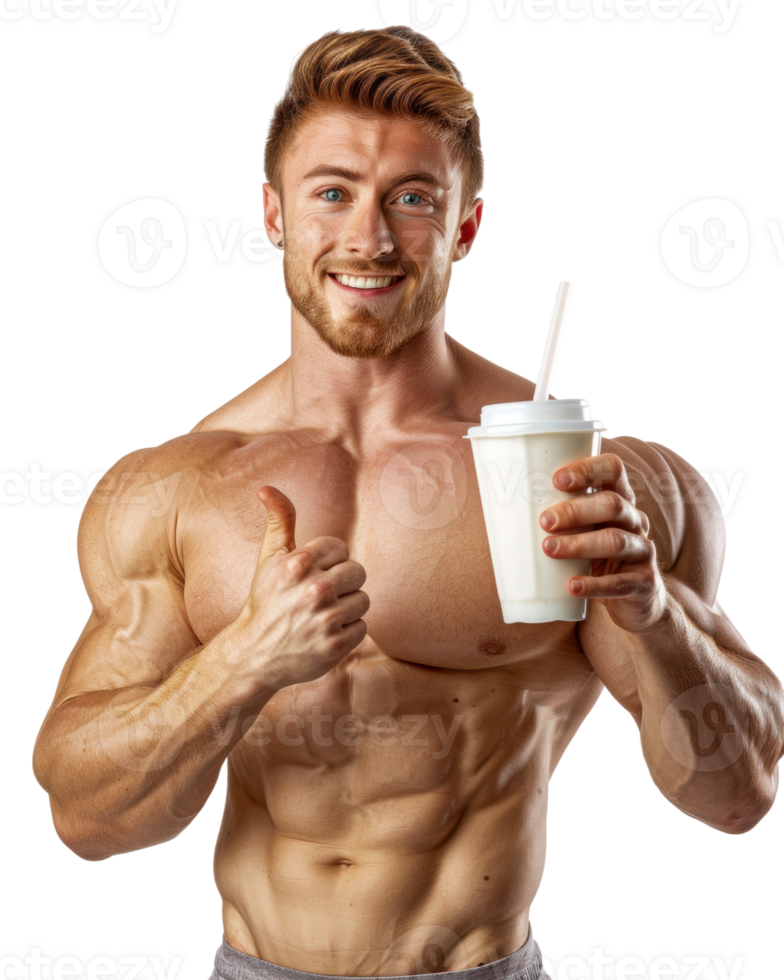 Muscular man thumbs up with protein drink isolated on transparent background png