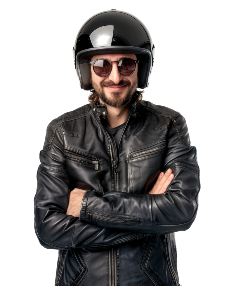 Motorcyclist in black jacket with crossed arms Isolated on transparent background png