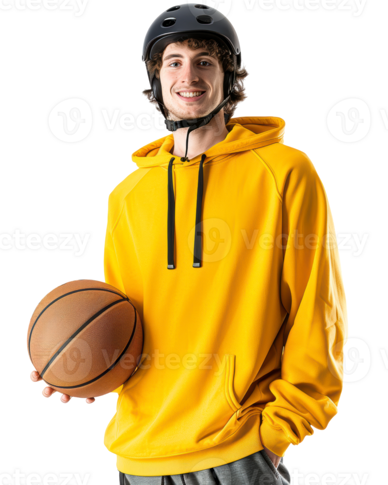 Young man in yellow hoodie holding basketball isolated on transparent background png