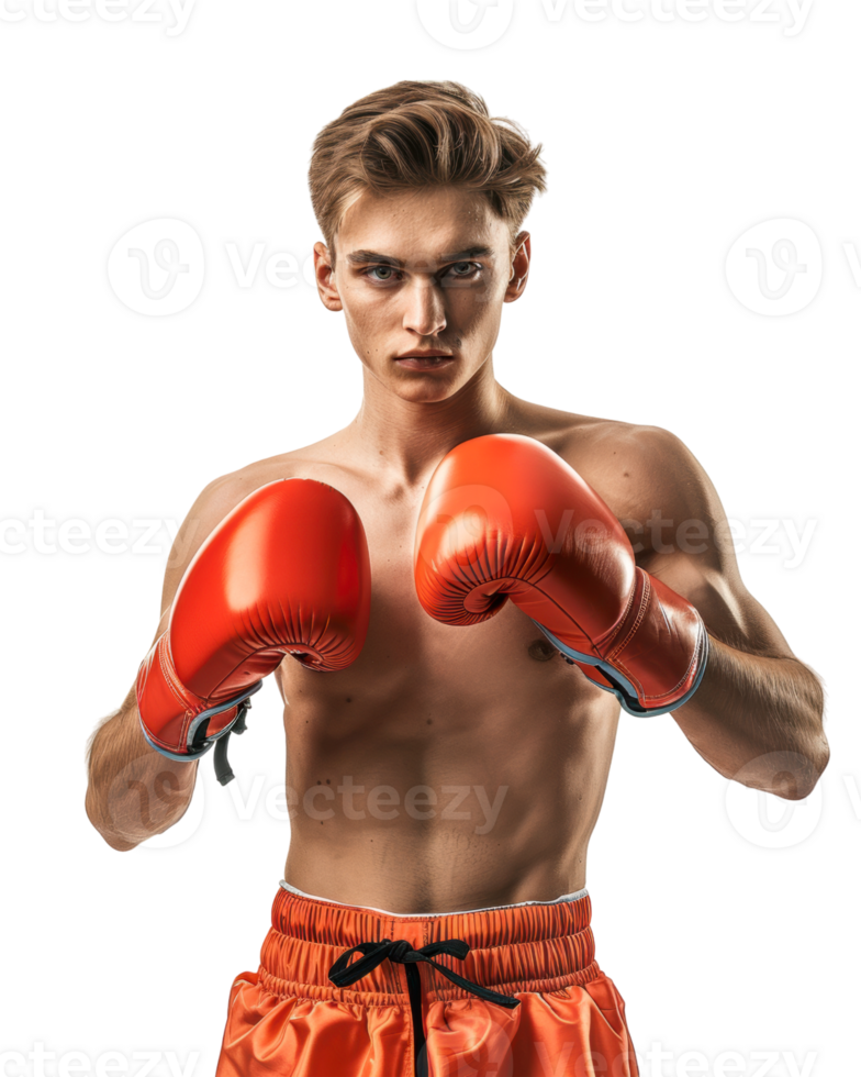 Young man in boxing gloves ready to fight isolated on transparent background png