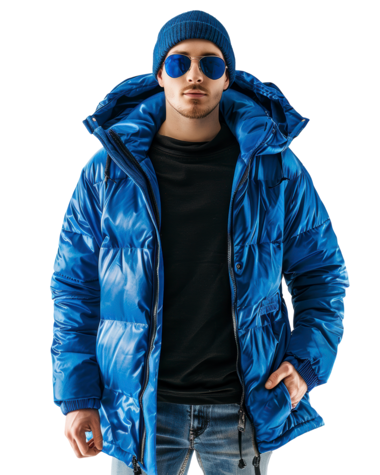 Man in blue winter jacket with sunglasses isolated on transparent background png