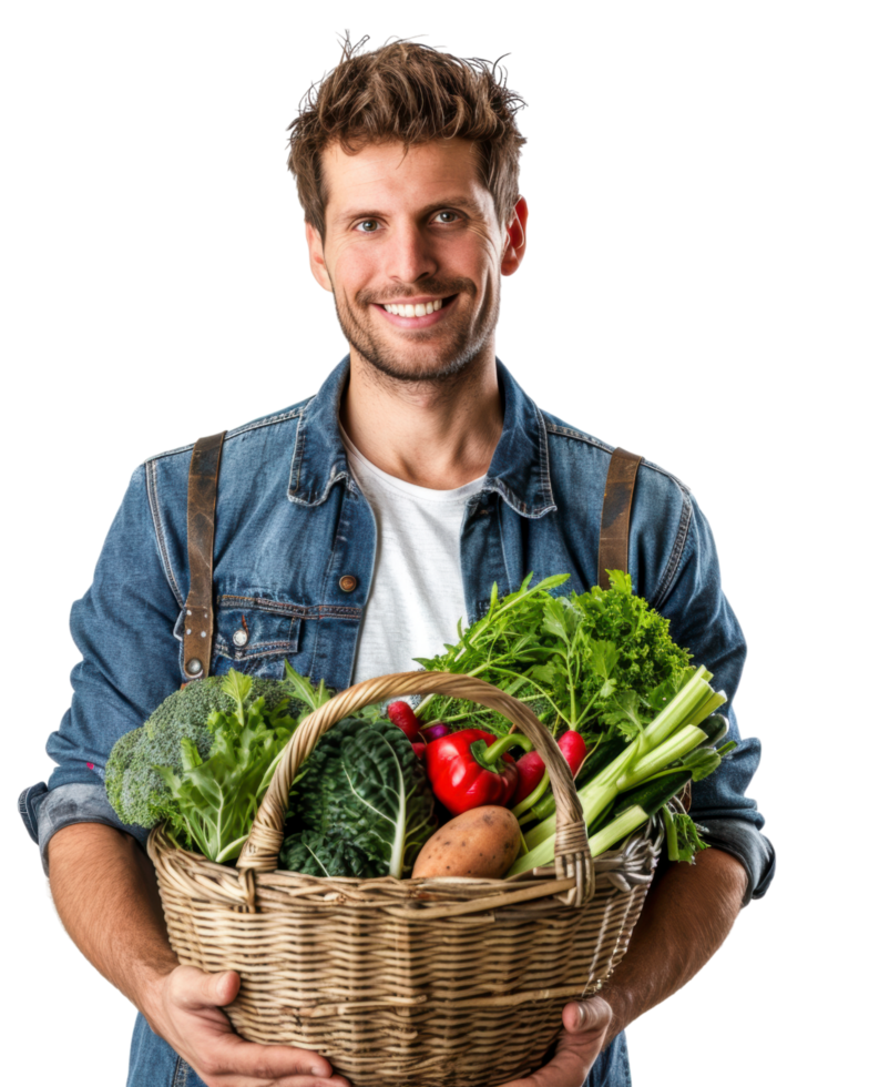 Man holding brown basket of vegetables isolated on transparent background png