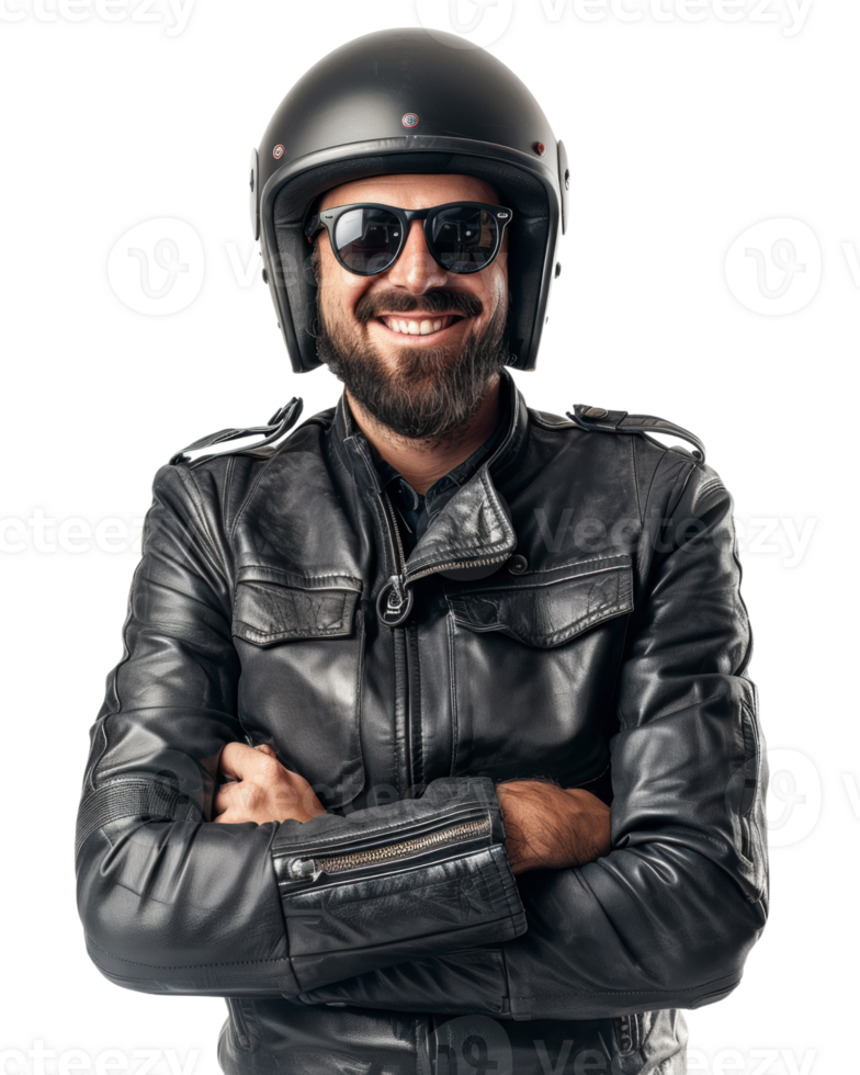 Confident motorcyclist in black leather jacket with arms crossed Isolated on transparent background png