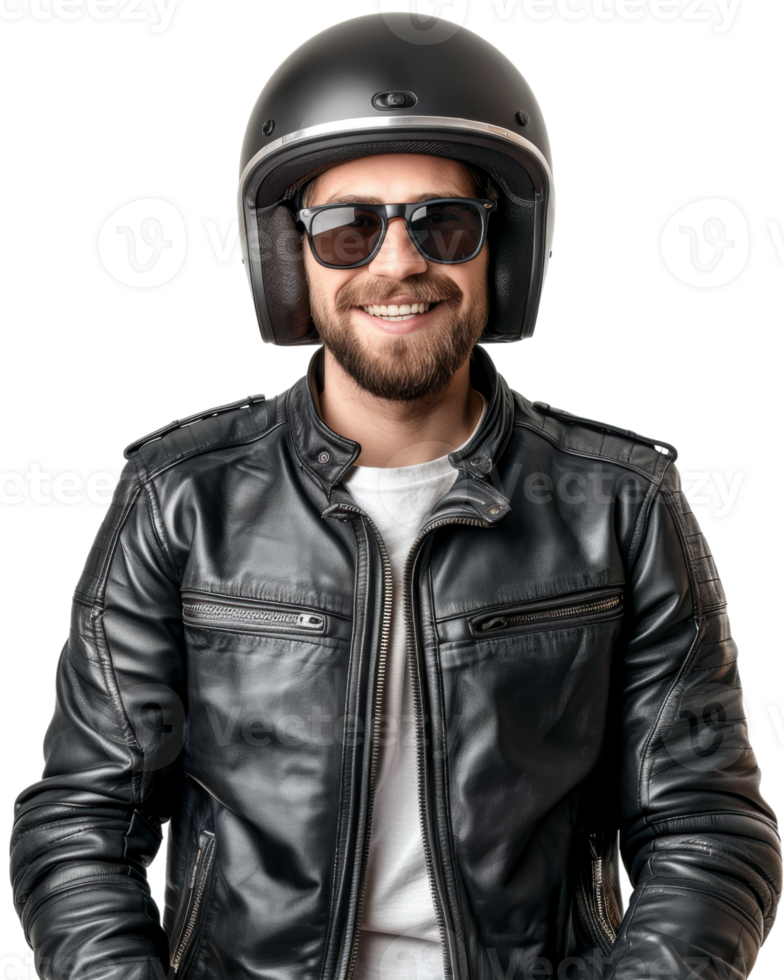 Smiling motorcyclist in black leather jacket Isolated on transparent background png