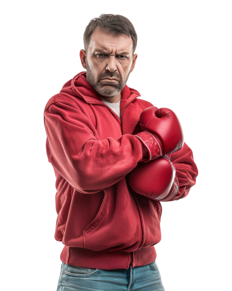 Man wearing red hoodie and boxing gloves isolated on transparent background png