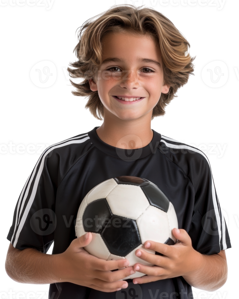Smiling child holding a soccer ball Isolated on transparent background png