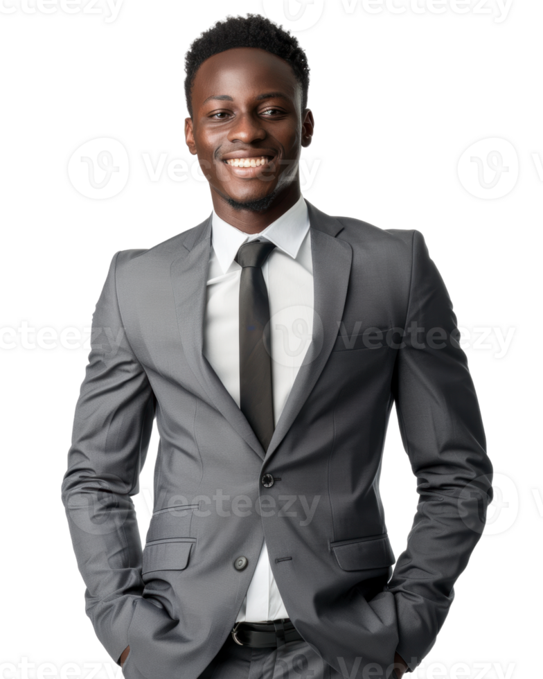 Happy man in a gray business suit isolated on transparent background png