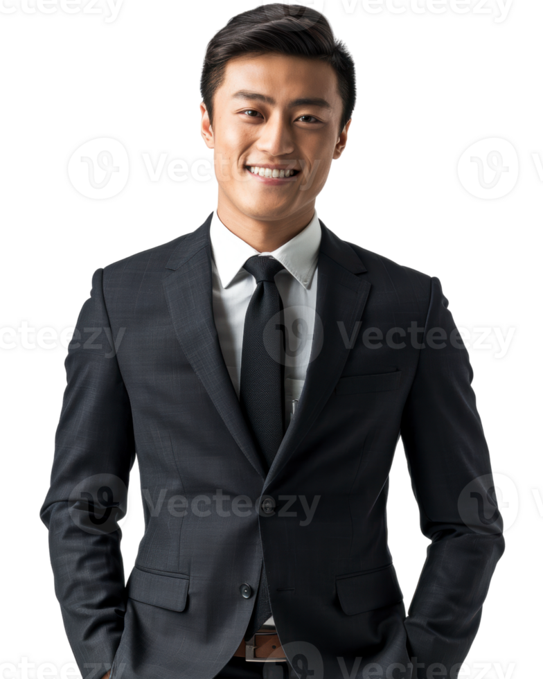 Smiling man in a dark suit with hands in pockets isolated on transparent background png
