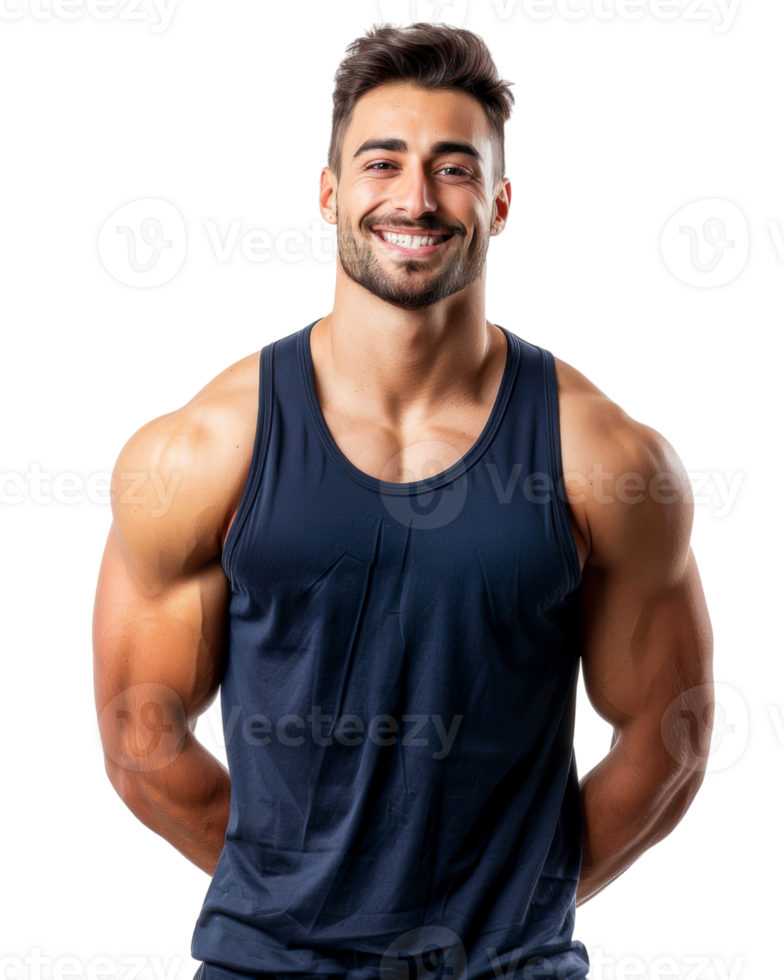 Muscular Man Smiling in blue Tank Top Isolated on Transparent Background png