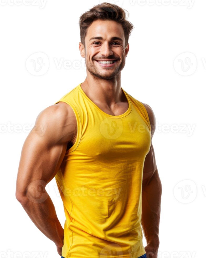 Muscular Man Smiling in yellow Tank Top Isolated on Transparent Background png