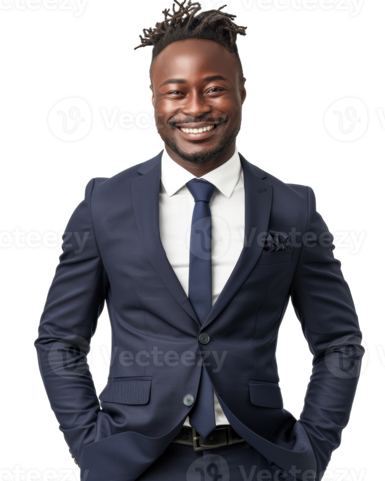 Young man in a blue suit with hands in pockets isolated on transparent background png