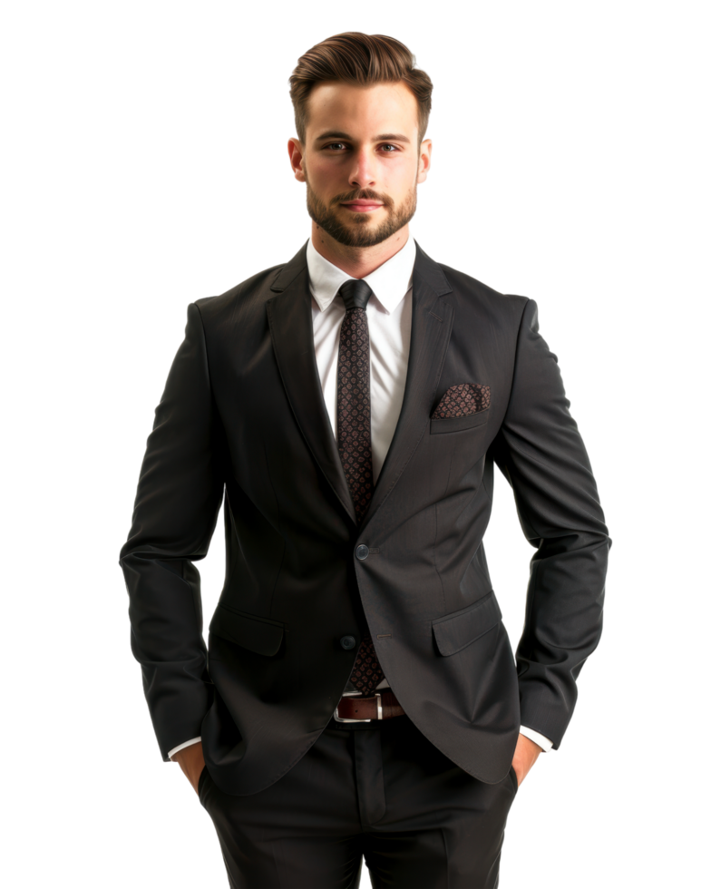 Confident businessman in a black suit isolated on transparent background png