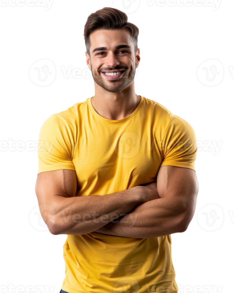 Strong Man in Yellow T-shirt Crossing Arms Isolated on Transparent Background png