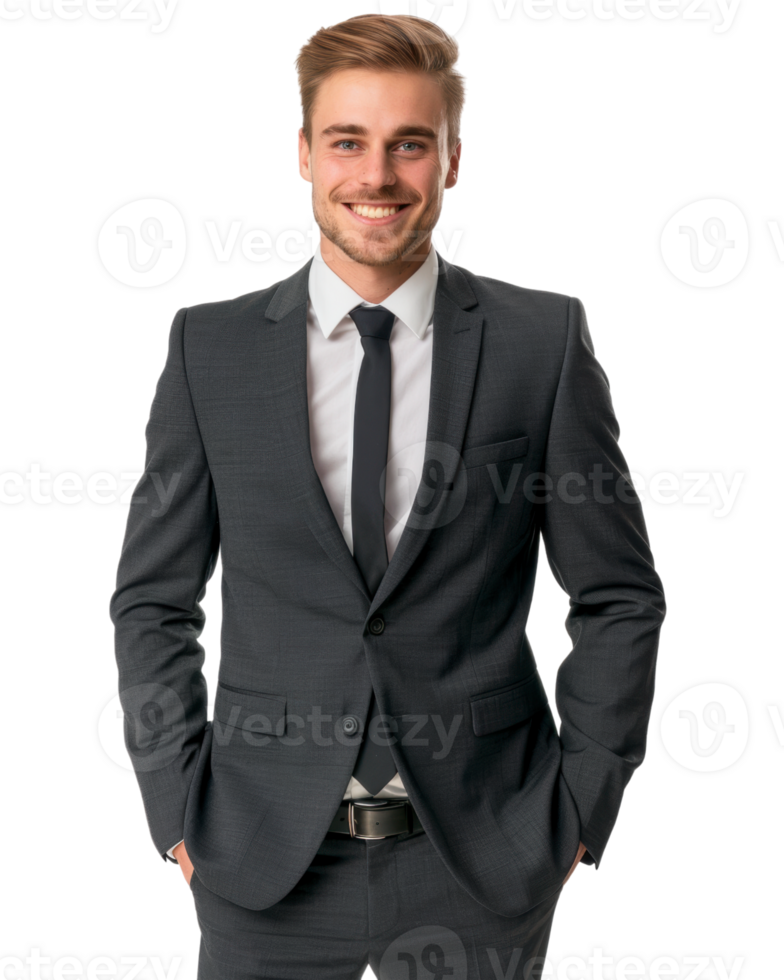 Confident man smiling in a dark blue suit isolated on transparent background png