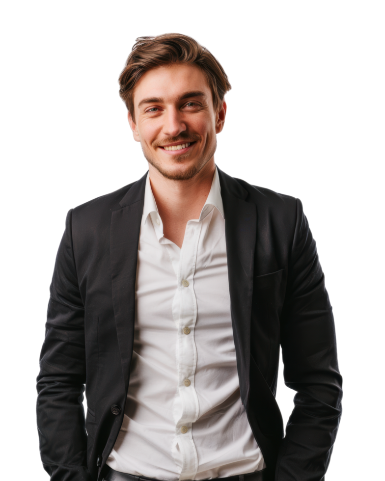 Smiling man in a black suit isolated on transparent background png