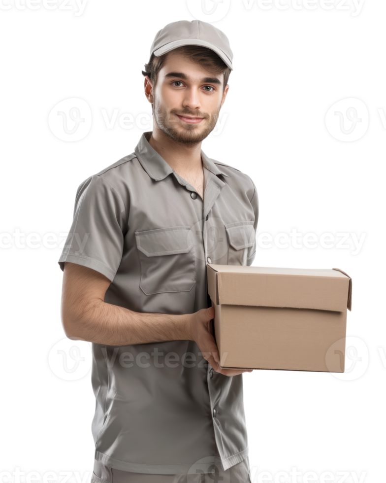 Young delivery man holding a package isolated on transparent background png