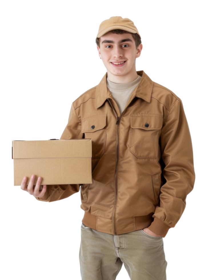 Smiling Delivery Man Holding Package isolated on transparent background png