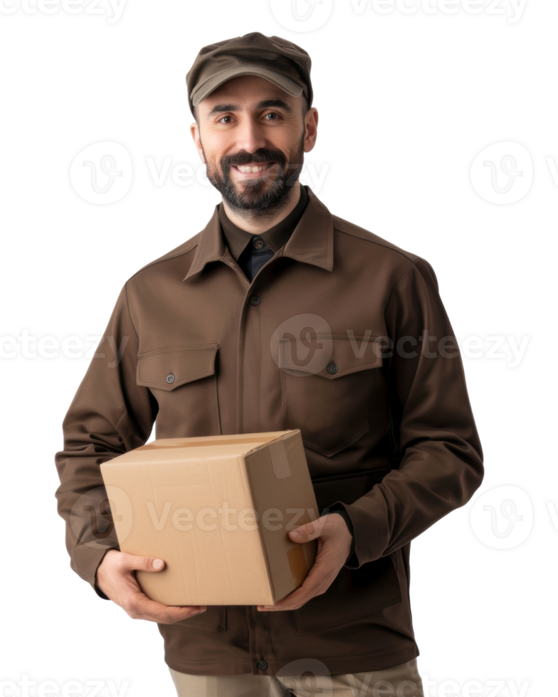 Delivery man holding a cardboard box isolated on transparent background png