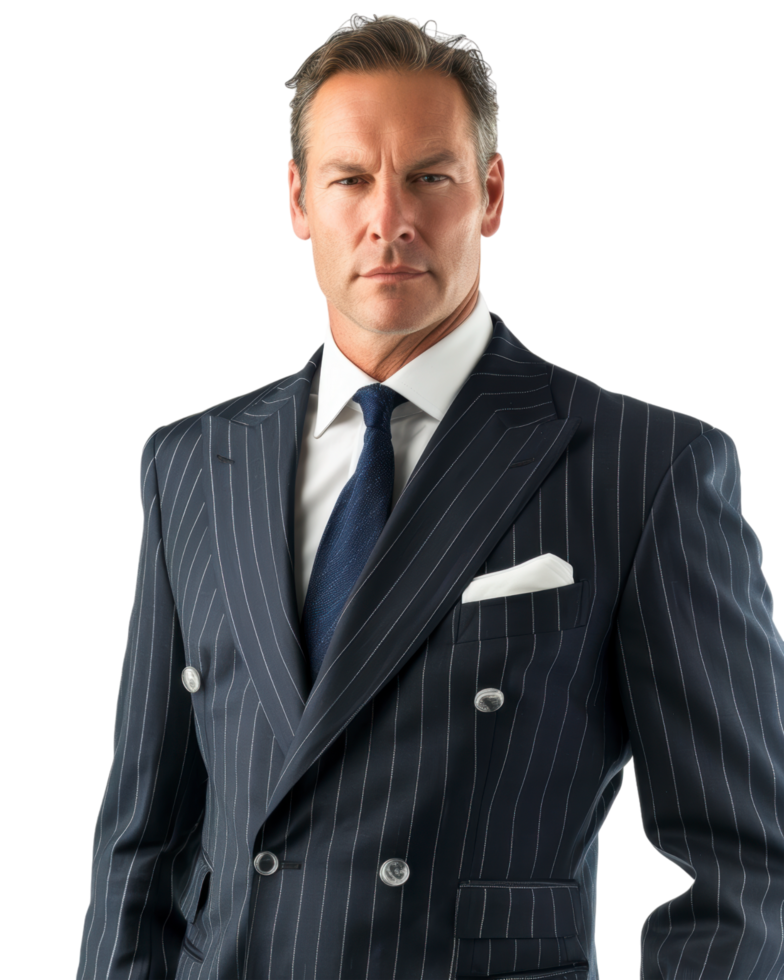 confident man in a dark striped suit isolated on transparent background png