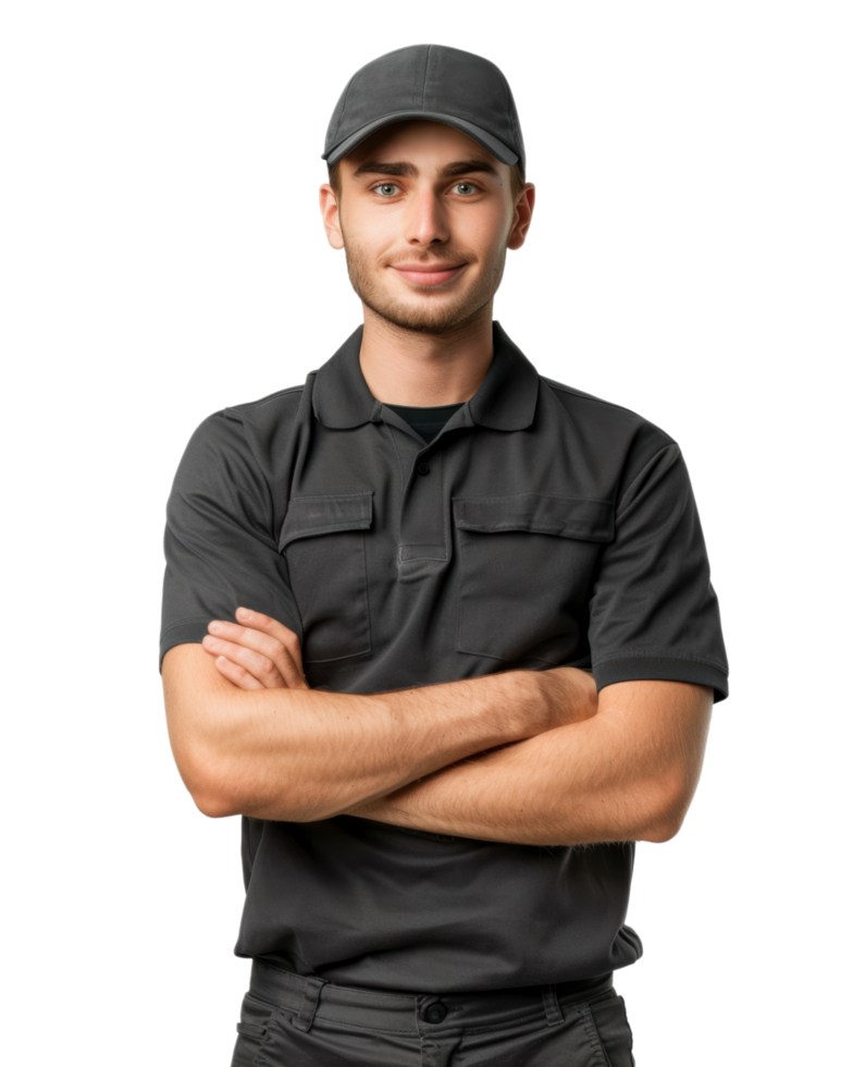Confident young delivery boy with arms crossed isolated on transparent background png