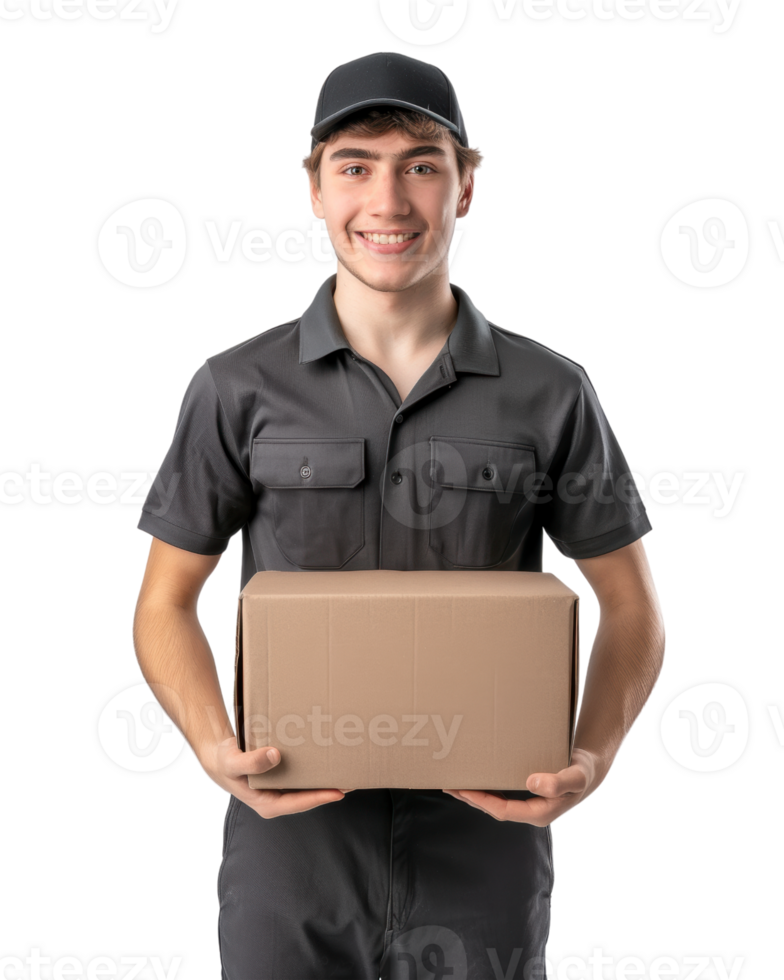 Delivery man holding a cardboard box isolated on transparent background png