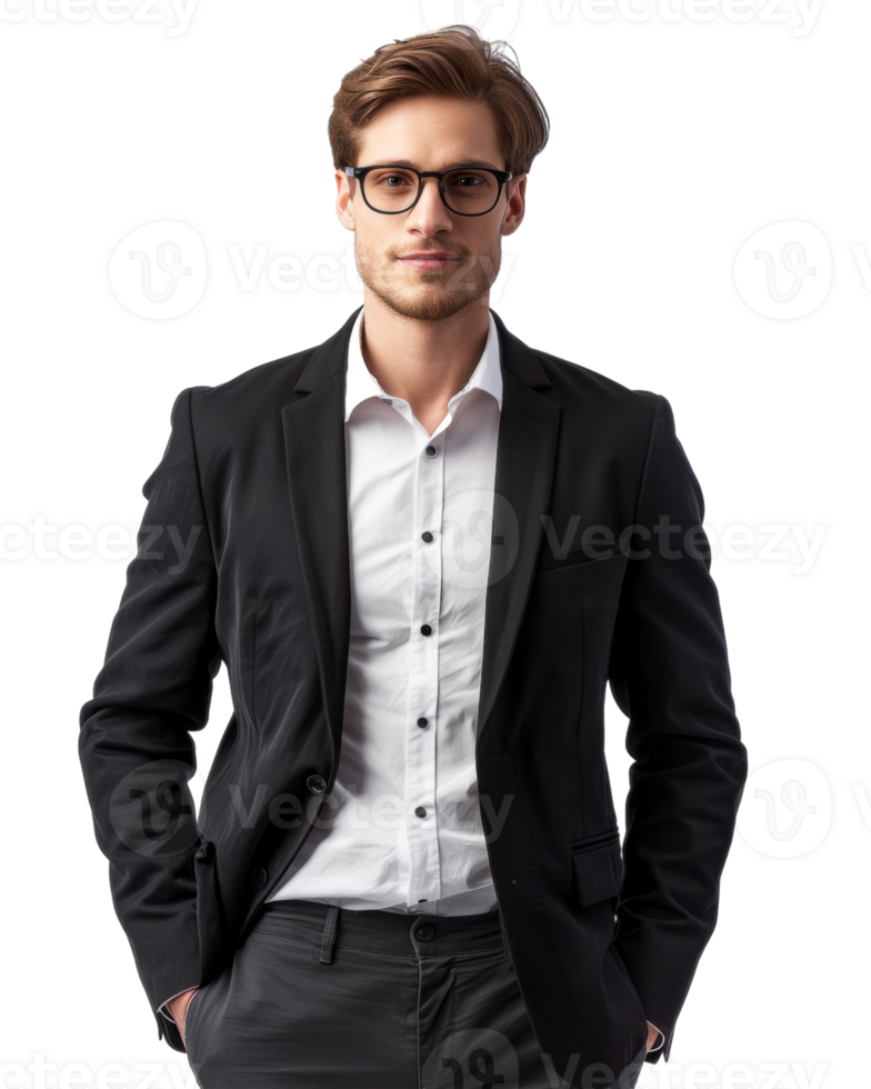 Professional young man in a dark black suit with hands in pockets isolated on transparent background png
