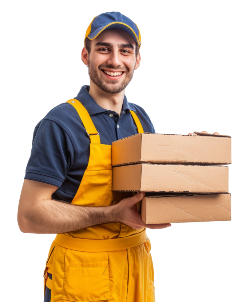 Pizza delivery boy smiling and holding boxes isolated on transparent background png