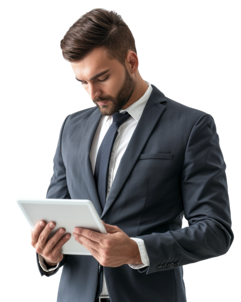 Businessman in a suit reading documents isolated on transparent background png