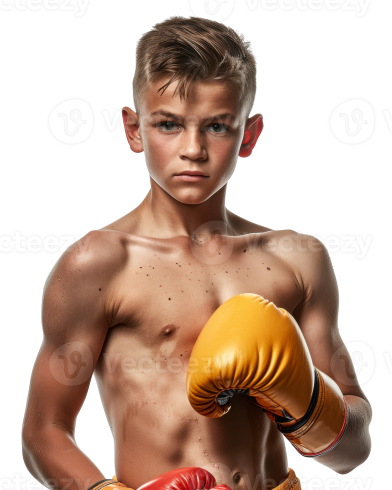 Confident boy with boxing gloves isolated on transparent background png