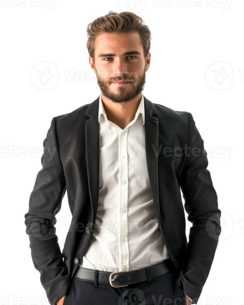 Smiling man in a black suit isolated on transparent background png
