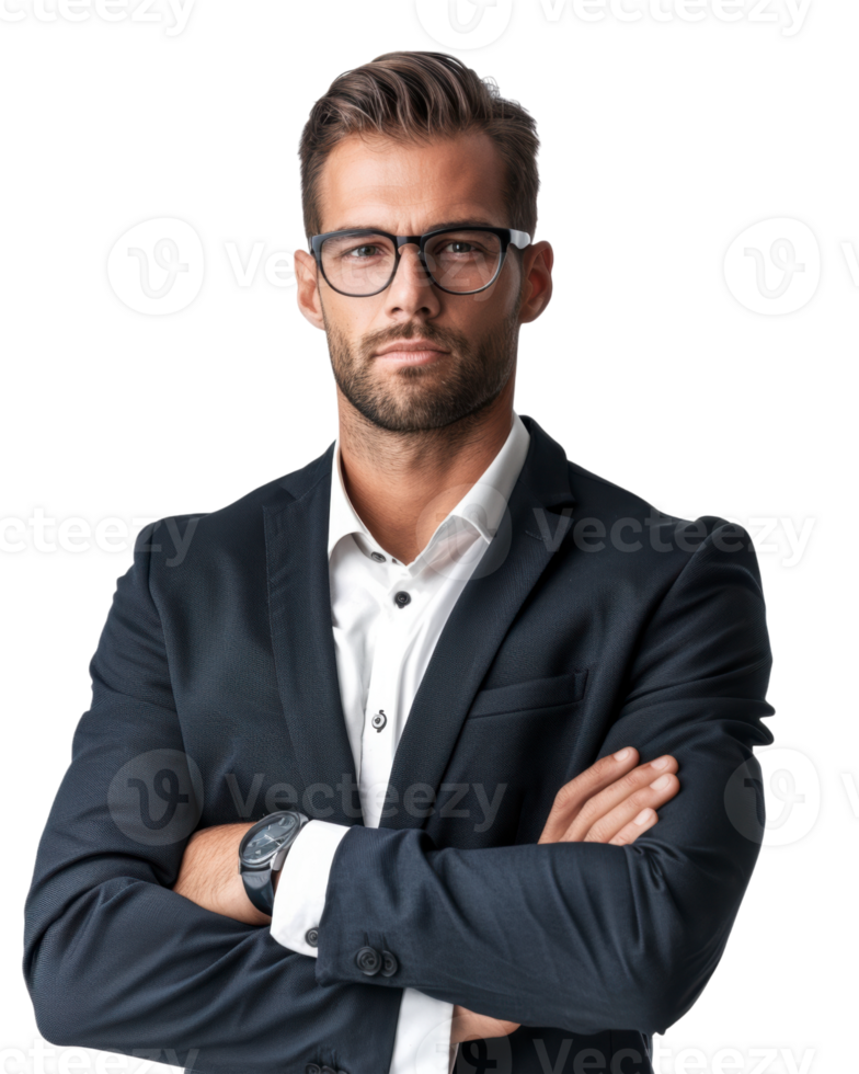 Businessman in a blue shirt with arms crossed isolated on transparent background png