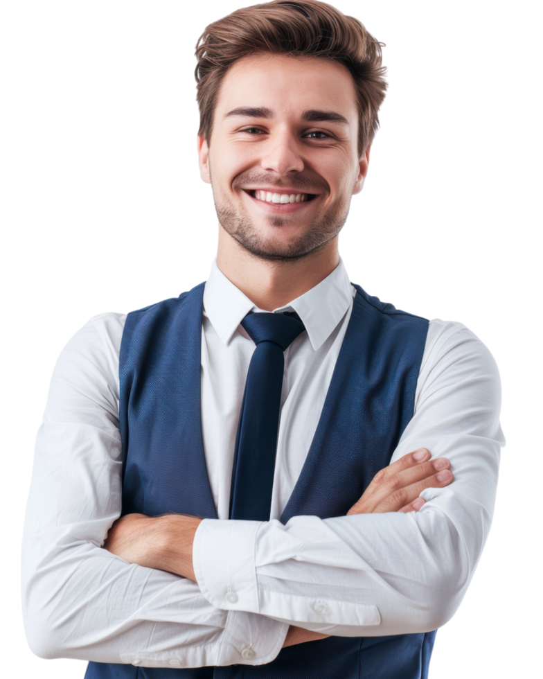 Young man smiling with arms crossed isolated on transparent background png