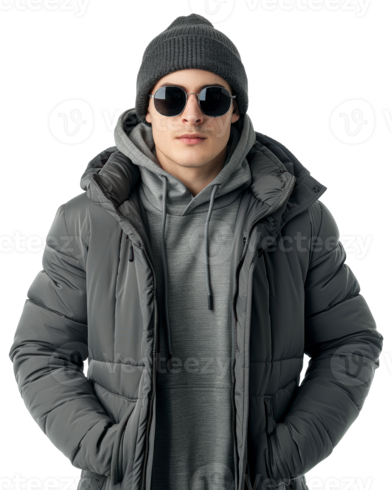 Man in Thick Winter Jacket with Hood Isolated on Transparent Background png