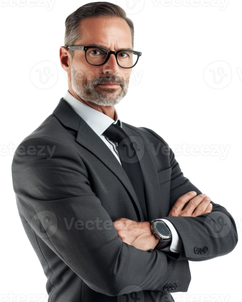 Businessman in a dark suit with arms crossed isolated on transparent background png