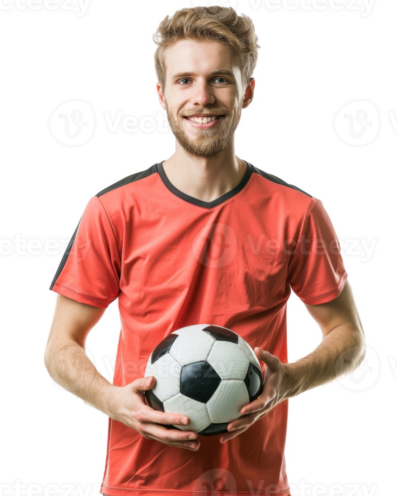 Happy Man in Red Sports Shirt Holding Soccer Ball Isolated on Transparent Background png