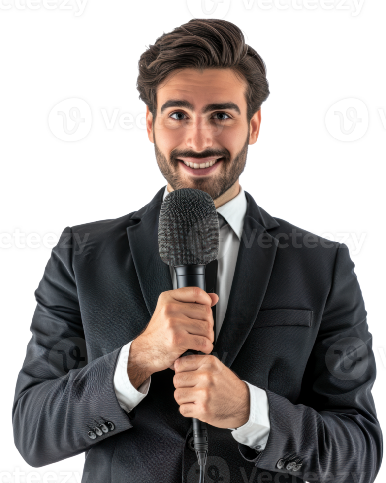 Smiling man with a microphone isolated on a transparent background png