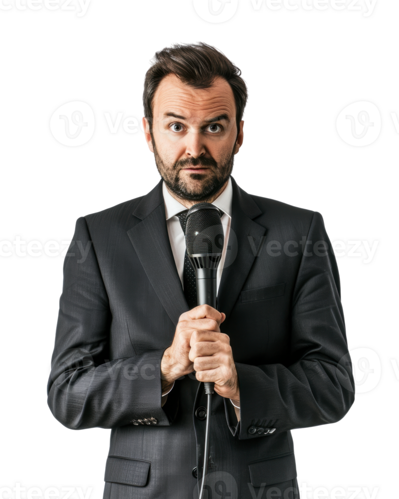 Businessman with a serious expression holding a microphone isolated on a transparent background png