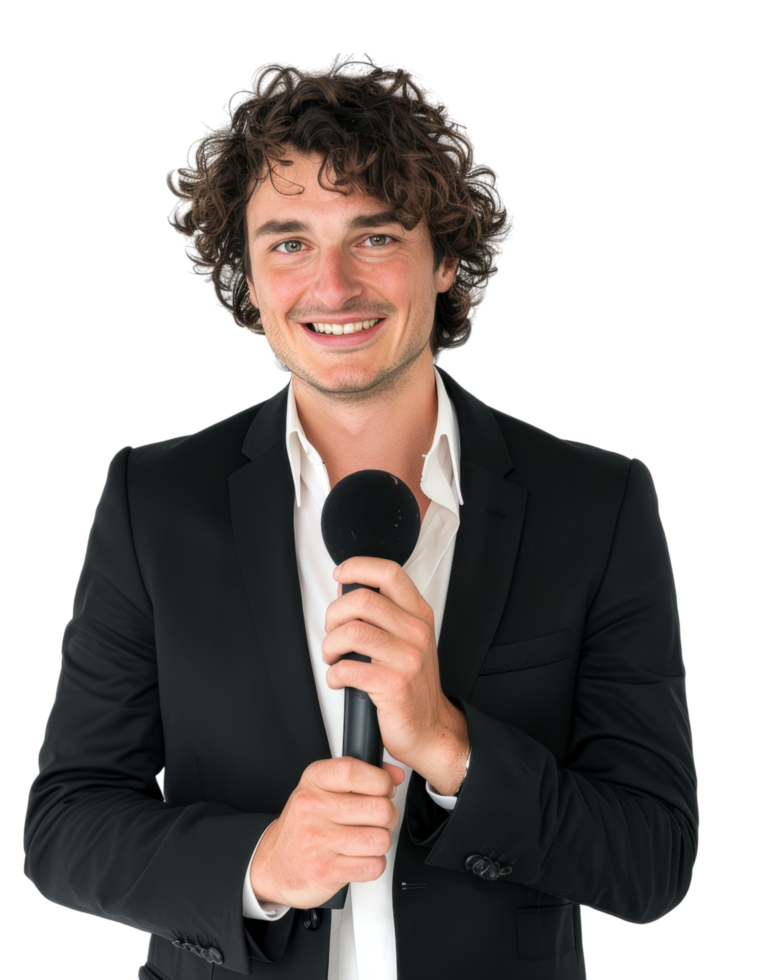 Professional man with curly hair holding a microphone isolated on a transparent background png
