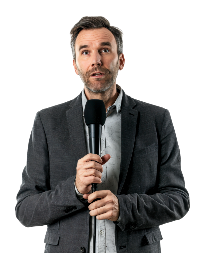 Confident man with microphone isolated on a transparent background png