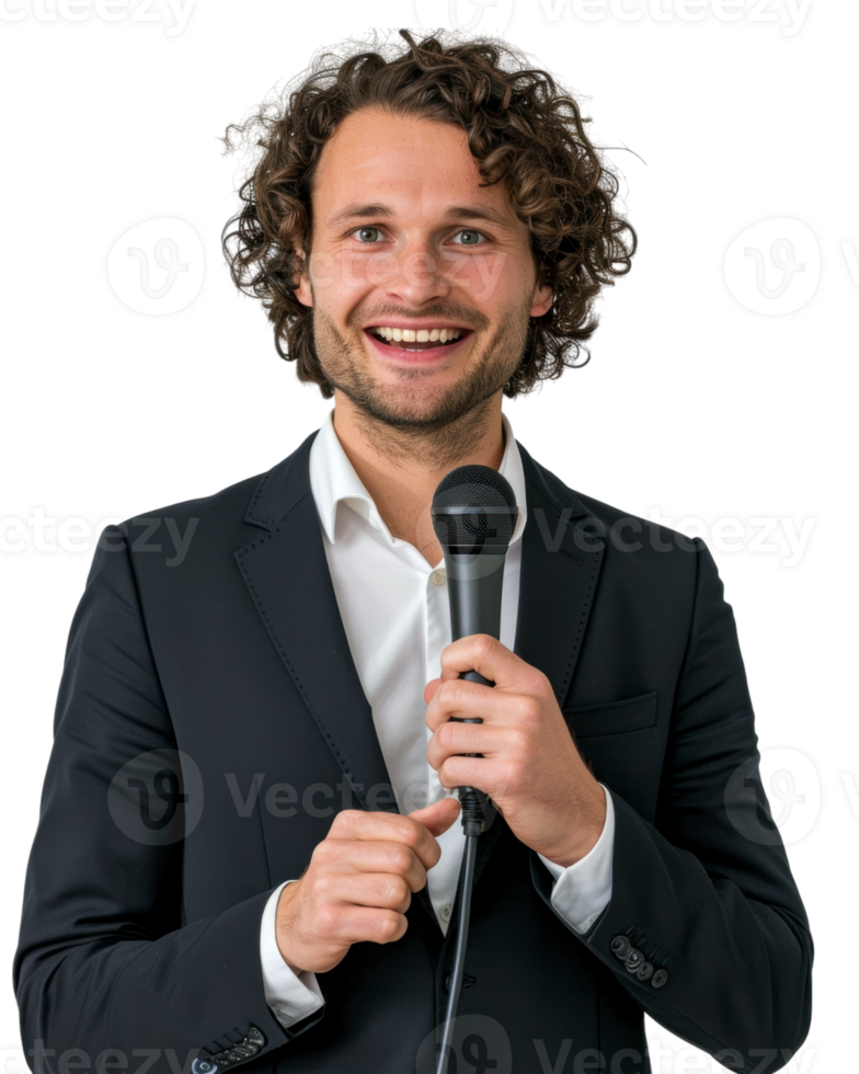 Man with curly hair holding a microphone isolated on a transparent background png