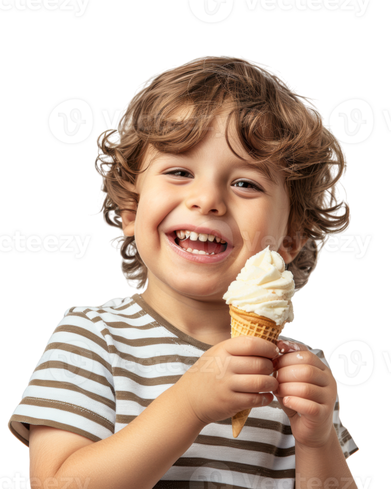 Cute smiling boy in a striped shirt with ice cream isolated on transparent background png