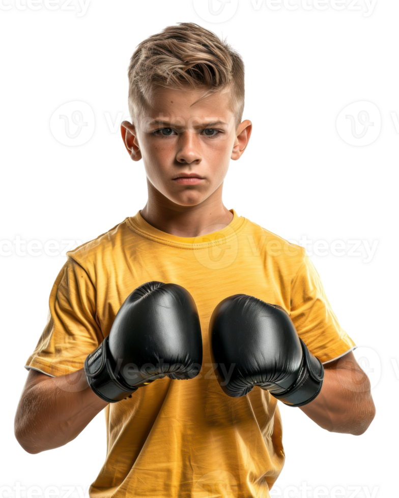serious boy in a yellow shirt holding a boxing glove isolated on transparent background png